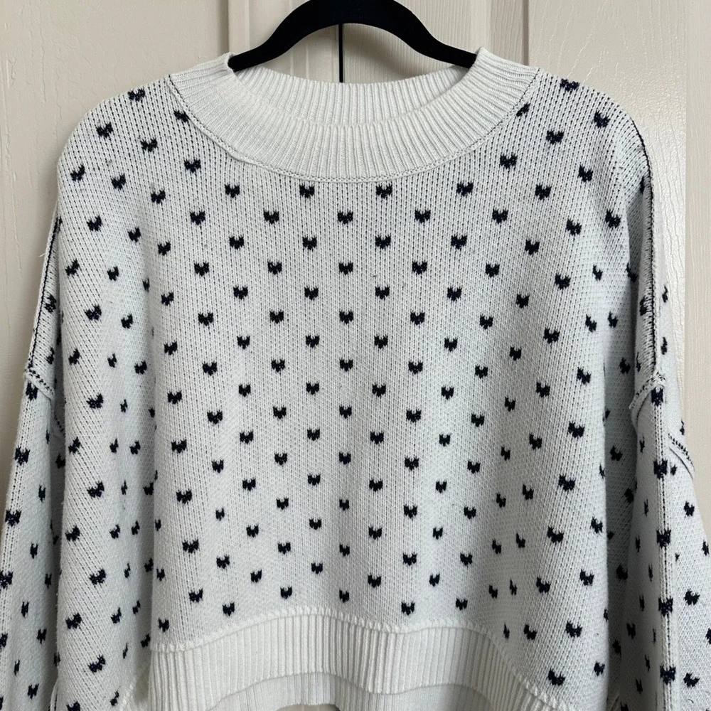 Free People Easy Street Patterned Crop Pullover White Navy Heart Knit Sweater S